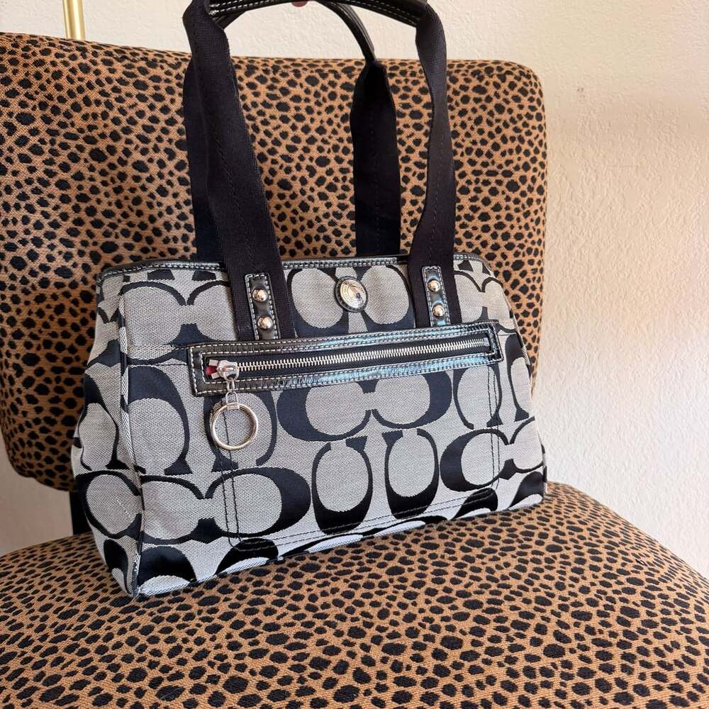 Coach Signature Hamptons Tote Black Grey Canvas Handbag